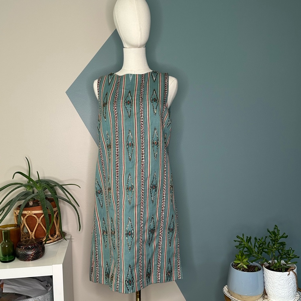 Alice + Olivia Beaded Ikat Stripe Shift Dress Southwest Boho Blue Multi NWT 12 - Picture 2 of 13